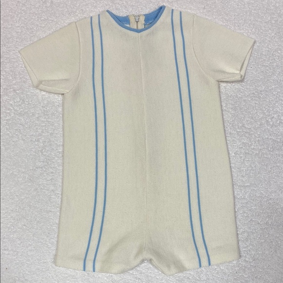 Vintage knitissimo brig-a-doon 70’s acrylic Cream and Blue Striped Baby Romper - Picture 1 of 6